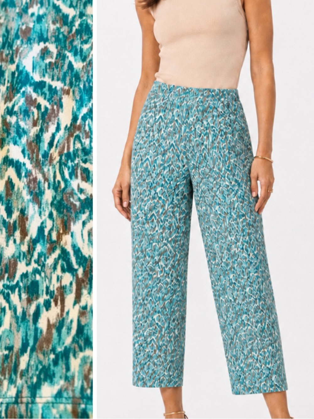 CHICOS Easywear Flowy Teal White Elastic Waist Pull-On Cropped Ankle Pants — LHP